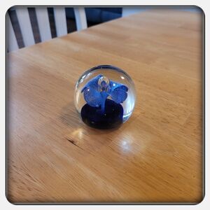 Vintage Blue Floral Glass Paperweight